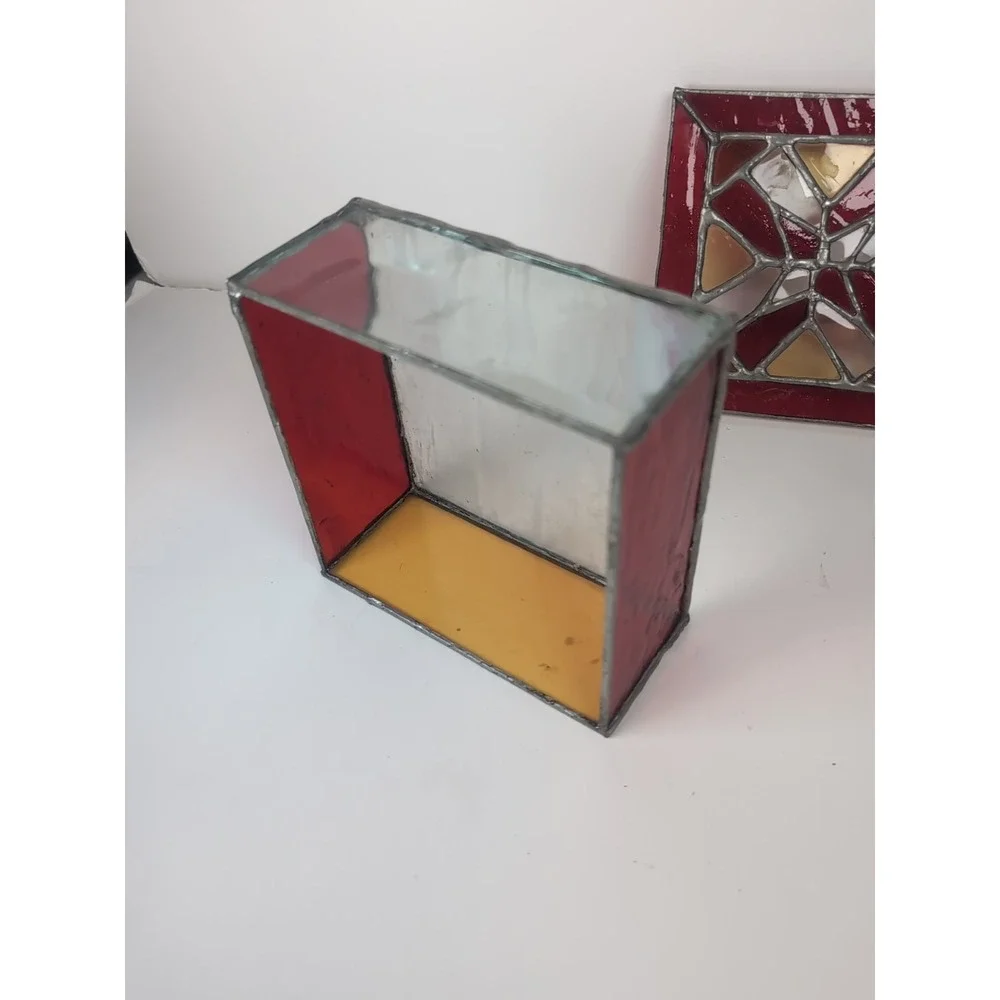 Stained Glass Trinket Box W/Top Red/Yellow Handmade Vintage Jewelry Cosmic 6X6x3